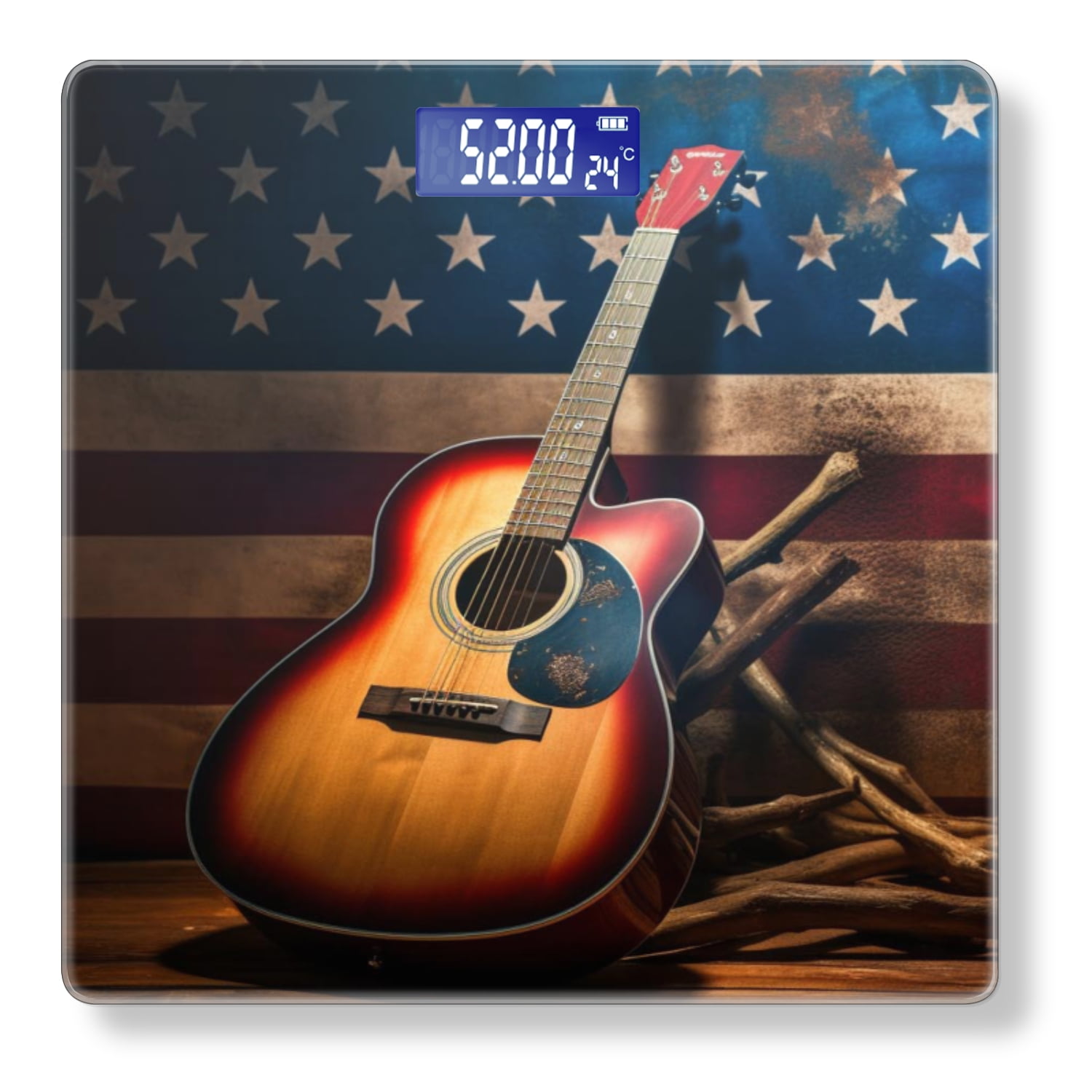 High Precision Body Weight Scale Smart Bathroom Scales with Large LCD Display(400lbs),Decorative for Bedroom-Acoustic Guitar With Wooden Pegs In Front Of American Flag