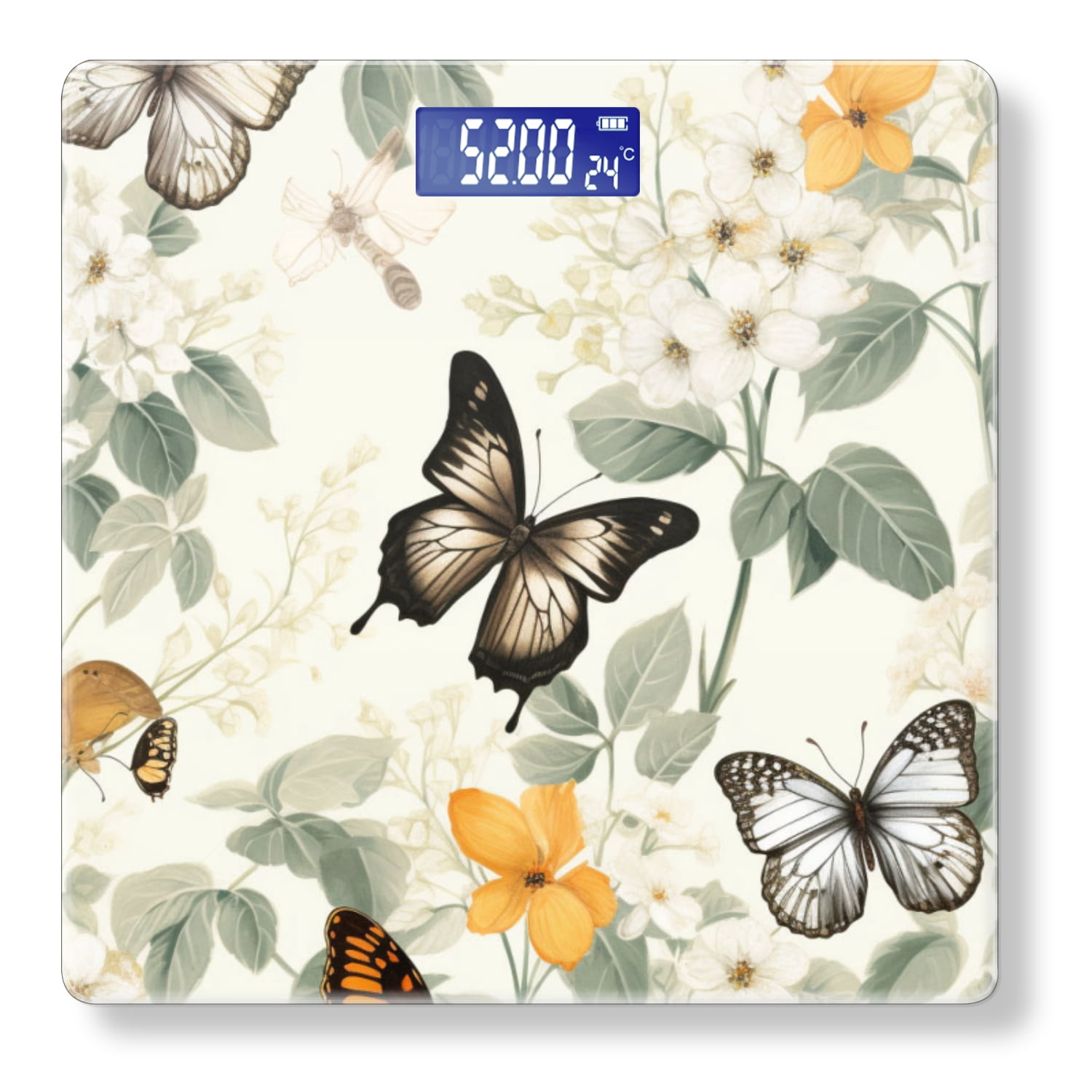 High Precision Body Weight Scale Smart Bathroom Scales with Large LCD Display(400lbs),Decorative for Bedroom-All-White Background With Butterflies And Flowers