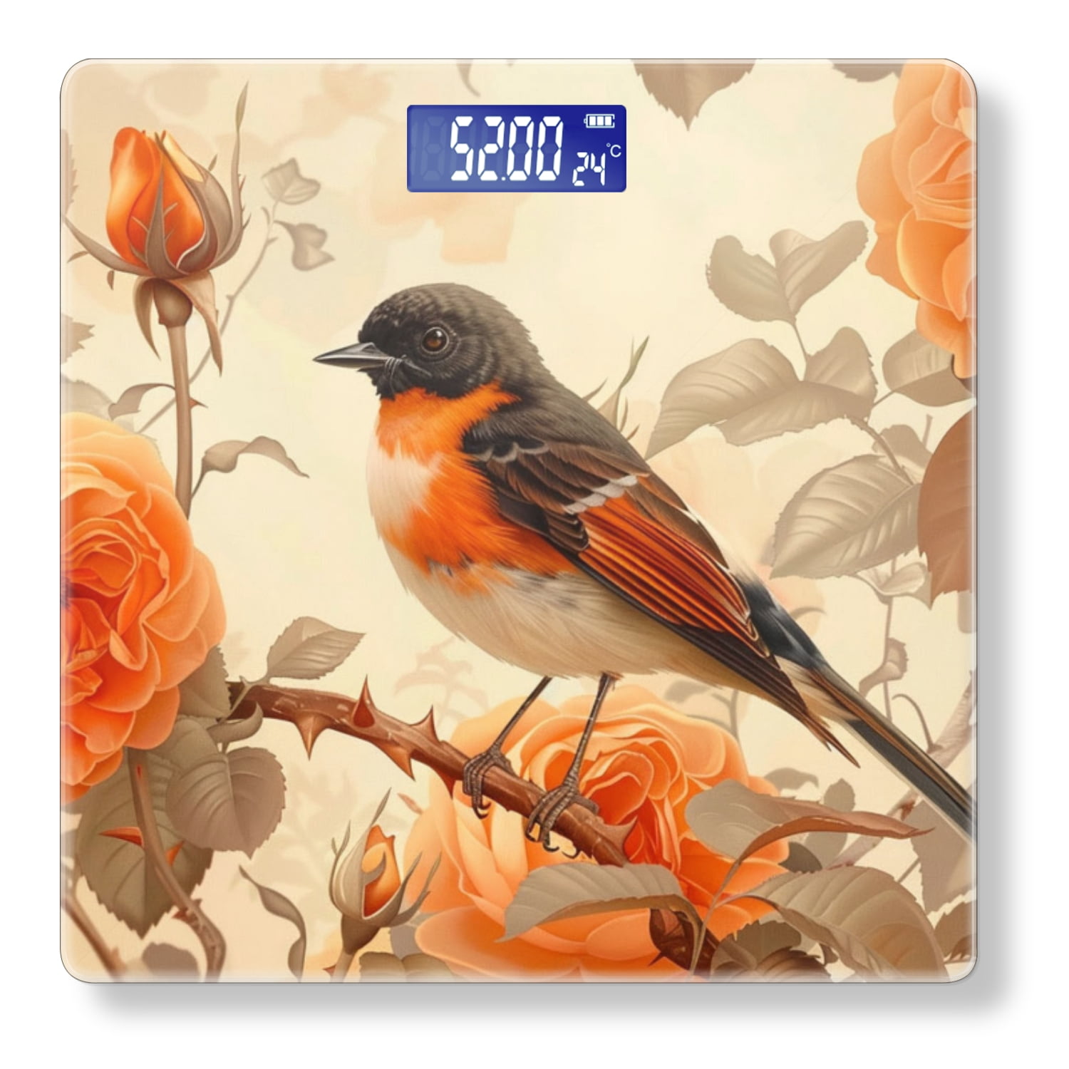 High Precision Body Weight Scale Smart Bathroom Scales with Large LCD Display(400lbs),Decorative for Bedroom-Beautiful Bird Perched On The Branch Of Orange Rose