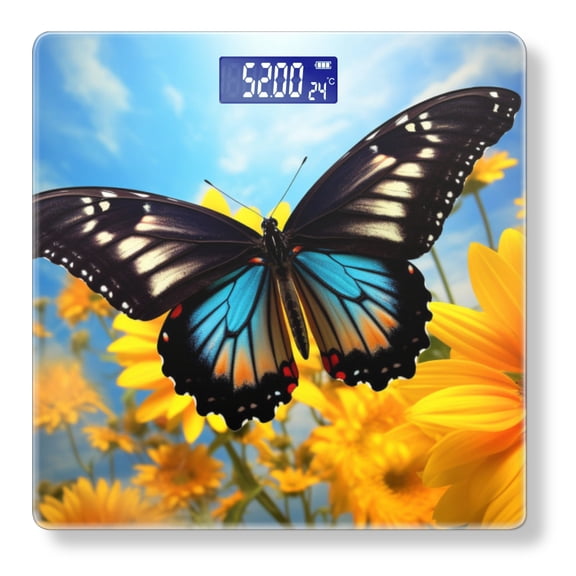 High Precision Body Weight Scale Smart Bathroom Scales with Large LCD Display(400lbs),Decorative for Bedroom-Beautiful Butterfly With Black And Blue Wings Flying Over Sunflowers