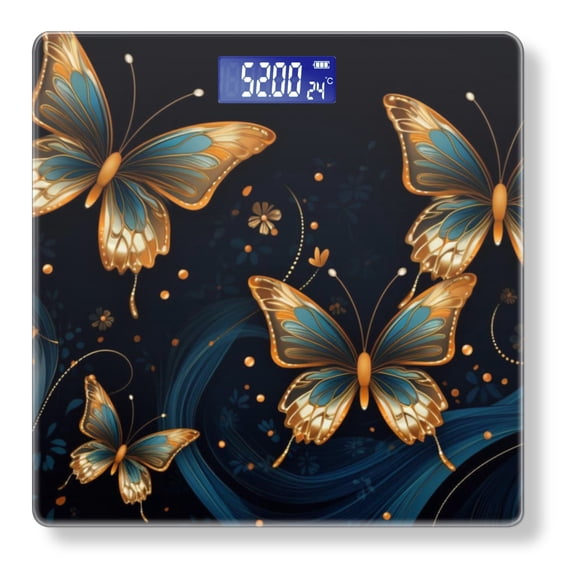 Bathroom Scale, Highly Accurate Digital Body Scale,Precisely Measures Weight up to 400 lbs-Beautiful Golden And Blue Butterflies On Dark Background
