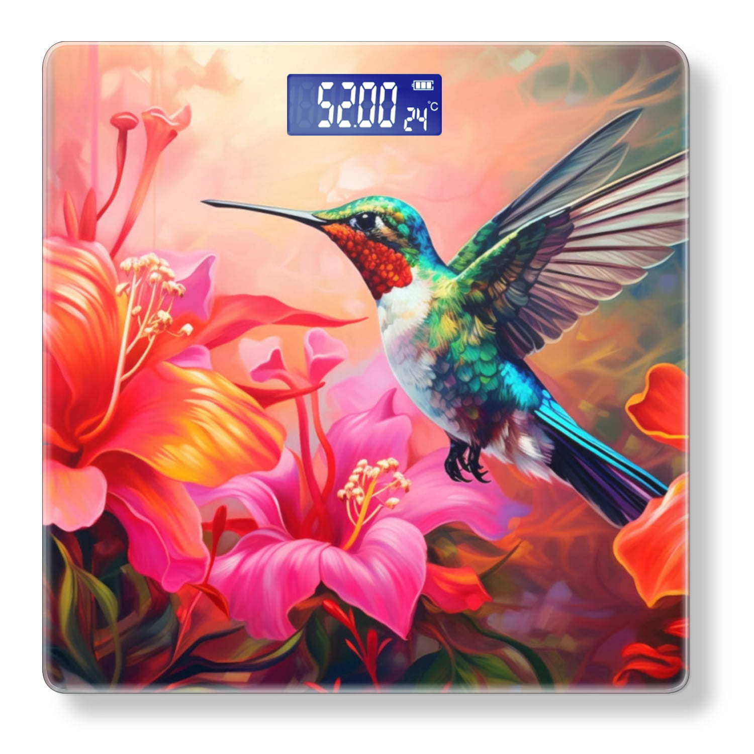 High Precision Body Weight Scale Smart Bathroom Scales with Large LCD Display(400lbs),Decorative for Bedroom-Beautiful Hummingbird Hovers Among Colorful Flowers