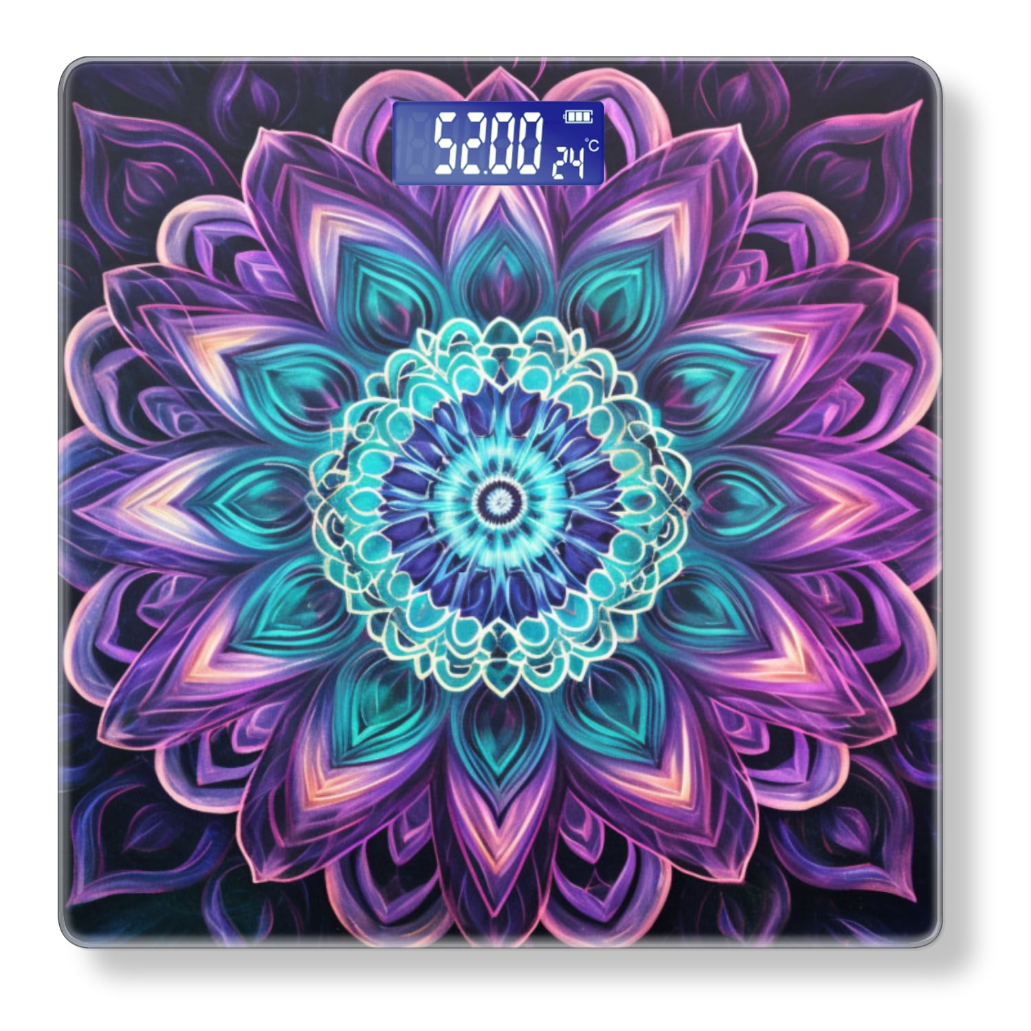 High Precision Body Weight Scale Smart Bathroom Scales with Large LCD Display(400lbs),Decorative for Bedroom-Beautiful Mandala Glowing With Vibrant Colors Of Purple And Teal