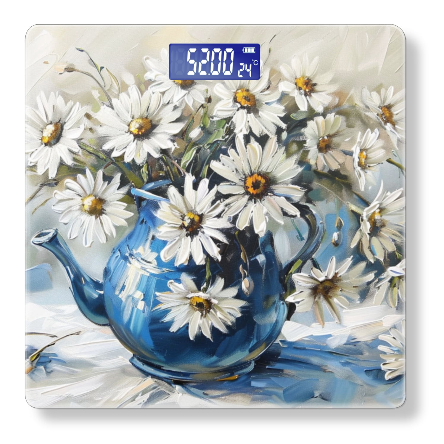 High Precision Body Weight Scale Smart Bathroom Scales with Large LCD Display(400lbs),Decorative for Bedroom-Beautiful Oil Painting Of Daisies In Blue Teapot