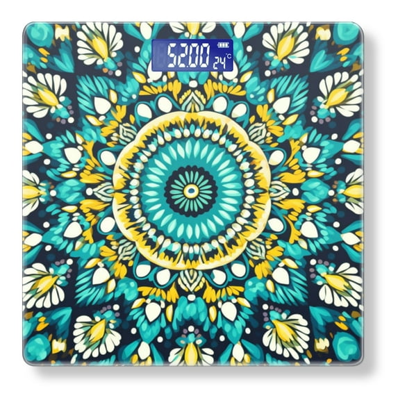 High Precision Body Weight Scale Smart Bathroom Scales with Large LCD Display(400lbs),Decorative for Bedroom-Beautiful Teal And Yellow Background With A Mandala Design