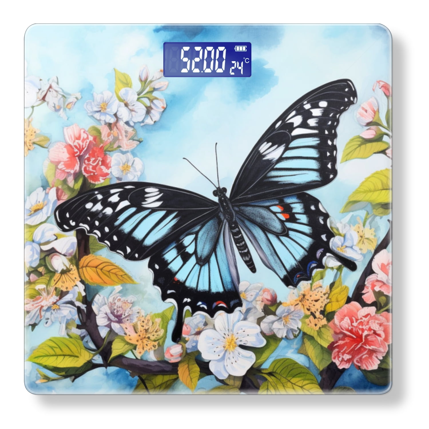 Bathroom Scale, Highly Accurate Digital Body Scale,Precisely Measures Weight up to 400 lbs-Black And Blue Butterfly Surrounded By White Flowers
