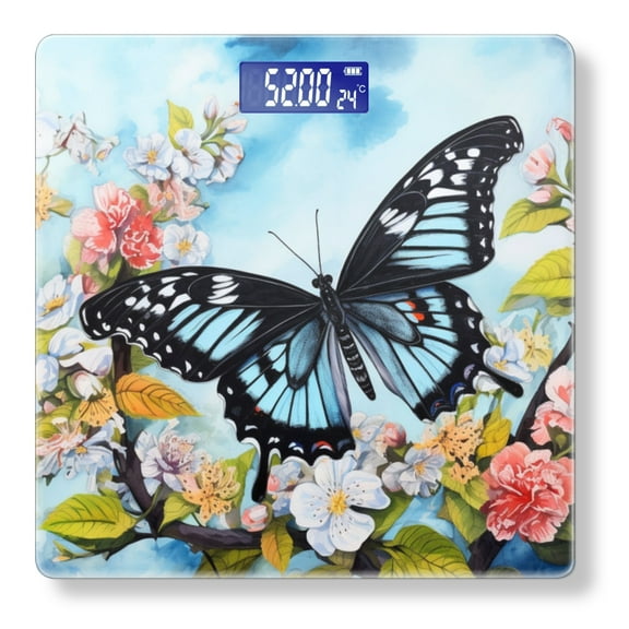 High Precision Body Weight Scale Smart Bathroom Scales with Large LCD Display(400lbs),Decorative for Bedroom-Black And Blue Butterfly Surrounded By White Flowers