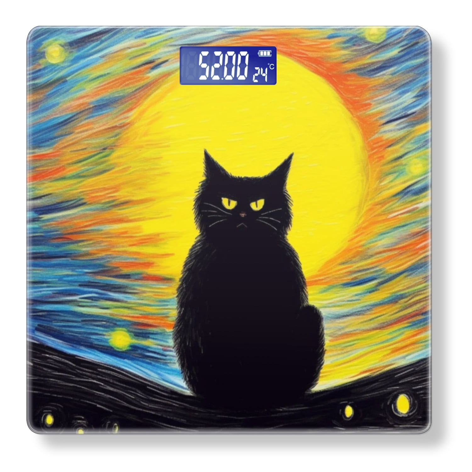High Precision Body Weight Scale Smart Bathroom Scales with Large LCD Display(400lbs),Decorative for Bedroom-Black Cat Sitting In Front Of The Yellow Sun