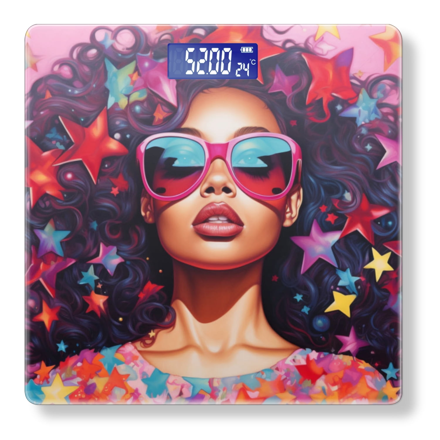 High Precision Body Weight Scale Smart Bathroom Scales with Large LCD Display(400lbs),Decorative for Bedroom-Black Woman With Curly Hair Wearing Pink Sunglasses