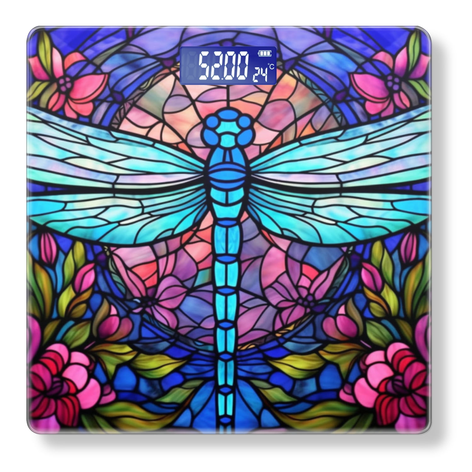 High Precision Body Weight Scale Smart Bathroom Scales with Large LCD Display(400lbs),Decorative for Bedroom-Blue Dragonfly With Pink Roses In The Background