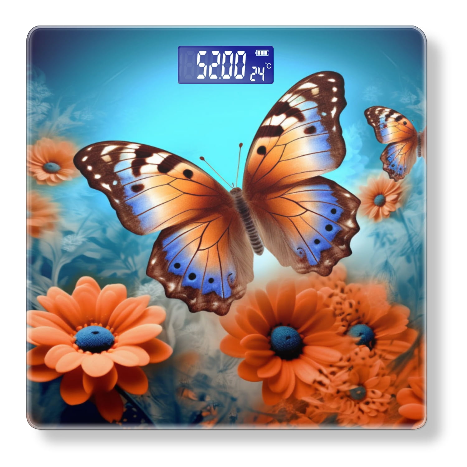 High Precision Body Weight Scale Smart Bathroom Scales with Large LCD Display(400lbs),Decorative for Bedroom-Blue And Orange Butterflies With Flowers In The Background