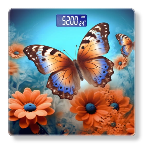 High Precision Body Weight Scale Smart Bathroom Scales with Large LCD Display(400lbs),Decorative for Bedroom-Blue And Orange Butterflies With Flowers In The Background