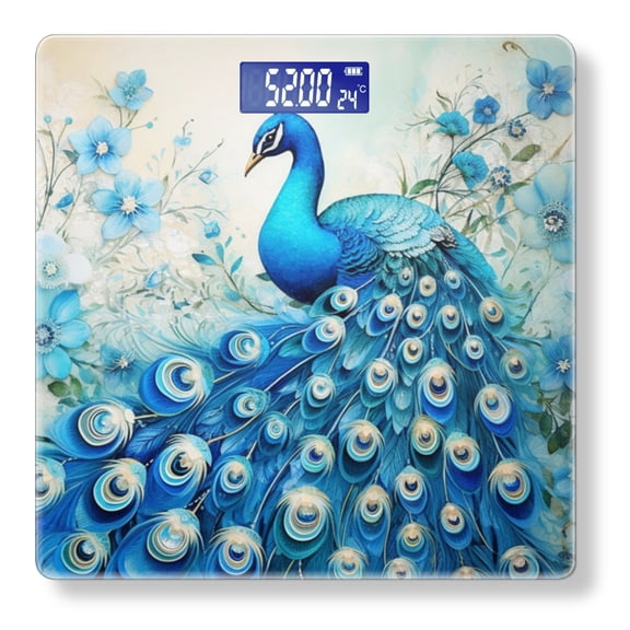 High Precision Body Weight Scale Smart Bathroom Scales with Large LCD Display(400lbs),Decorative for Bedroom-Blue Peacock Against Background Of Blue Flowers