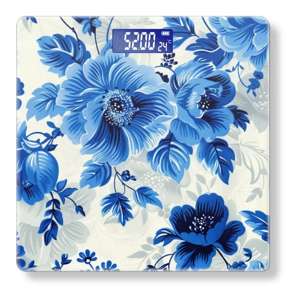 High Precision Body Weight Scale Smart Bathroom Scales with Large LCD Display(400lbs),Decorative for Bedroom-Blue And White Floral Pattern Of Large Flowers Small Leaves