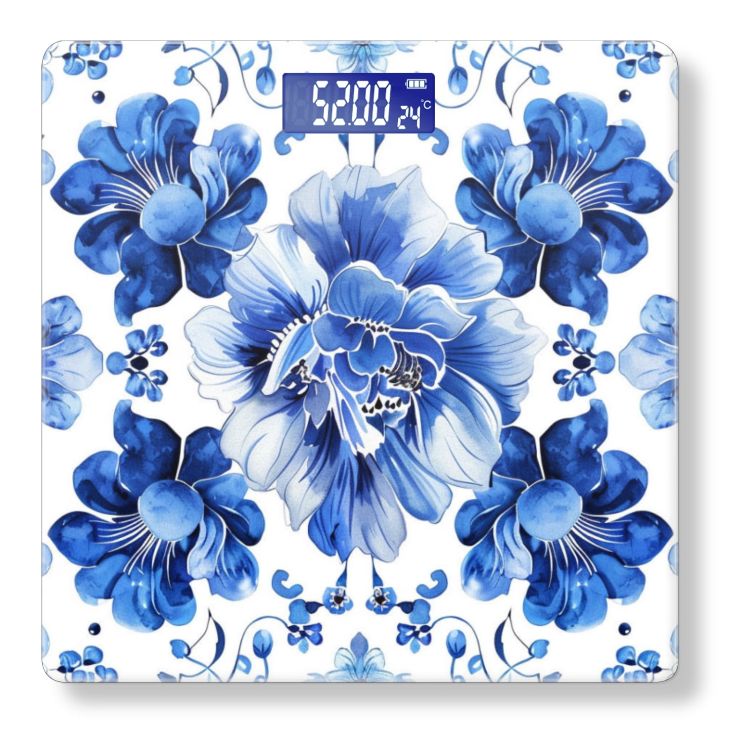 High Precision Body Weight Scale Smart Bathroom Scales with Large LCD Display(400lbs),Decorative for Bedroom-Blue And White Porcelain Pattern With Flowers