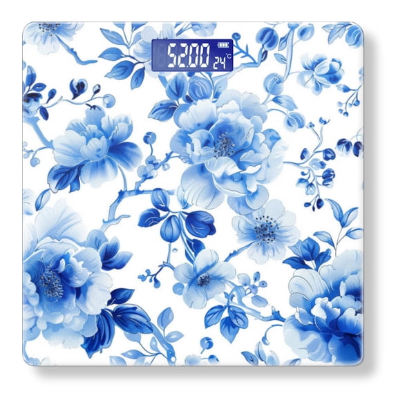 High Precision Body Weight Scale Smart Bathroom Scales with Large LCD Display(400lbs),Decorative for Bedroom-Blue And White Porcelain Pattern Peony Flowers