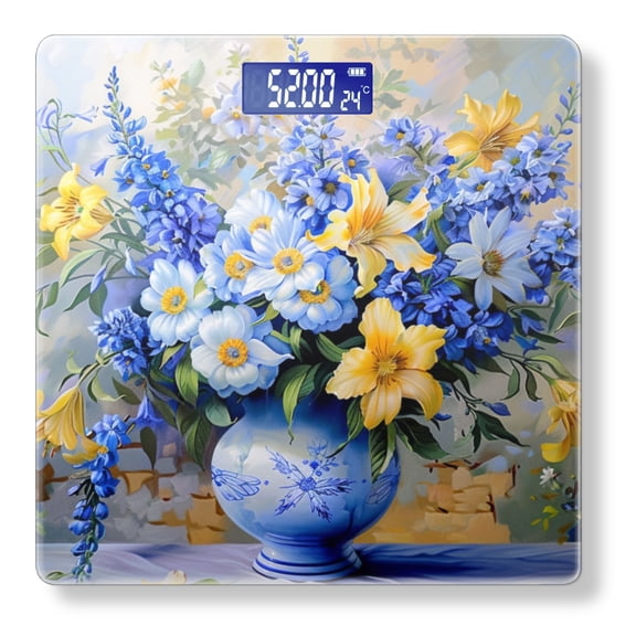 High Precision Body Weight Scale Smart Bathroom Scales with Large LCD Display(400lbs),Decorative for Bedroom-Blue And White Porcelain Vase Filled With Flowers Of Various Sizes