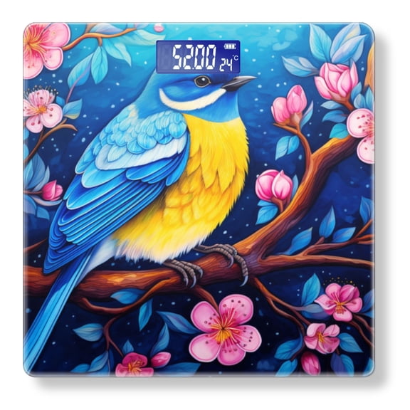 Bathroom Scale, Highly Accurate Digital Body Scale,Precisely Measures Weight up to 400 lbs-Blue And Yellow Bird Sitting On Cherry Blossom Tree With Pink Flowers