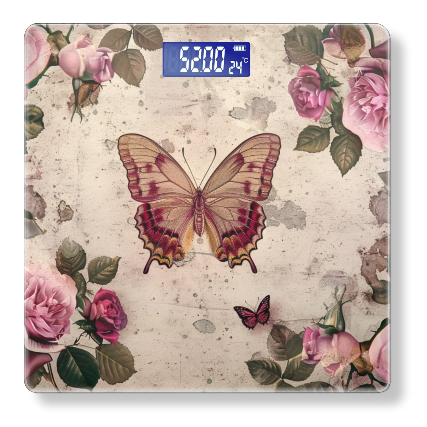 High Precision Body Weight Scale Smart Bathroom Scales with Large LCD Display(400lbs),Decorative for Bedroom-Butterfly Surrounded By Pink Roses On Vintage Background