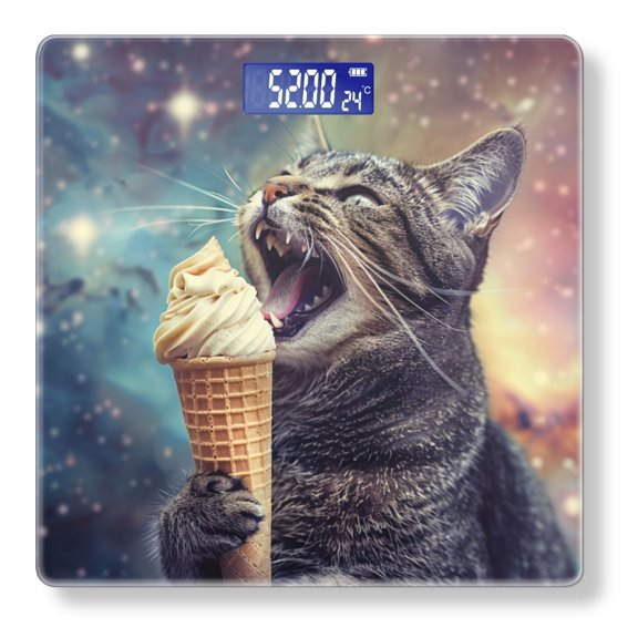 High Precision Body Weight Scale Smart Bathroom Scales with Large LCD Display(400lbs),Decorative for Bedroom-Cat Joyfully Eating Ice Cream Cone In Space