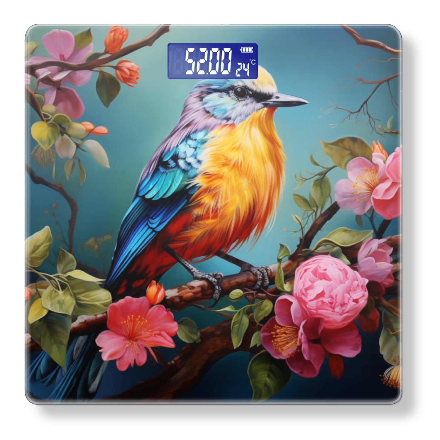 High Precision Body Weight Scale Smart Bathroom Scales with Large LCD Display(400lbs),Decorative for Bedroom-Colorful Bird Sitting On Branch With Flowers