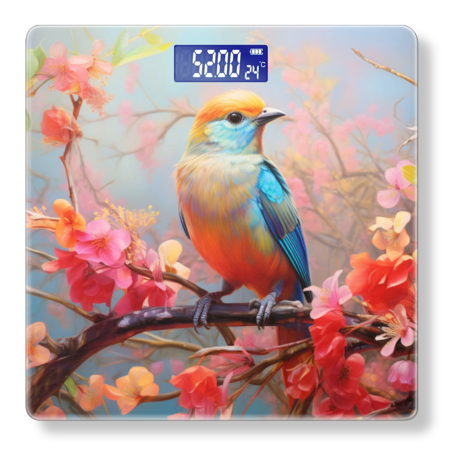 High Precision Body Weight Scale Smart Bathroom Scales with Large LCD Display(400lbs),Decorative for Bedroom-Colorful Bird Sitting On Branch With Vibrant Flowers