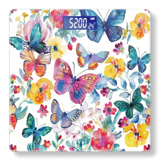 Bathroom Scale, Highly Accurate Digital Body Scale,Precisely Measures Weight up to 400 lbs-Colorful Butterflies And Flowers Pattern On White Background