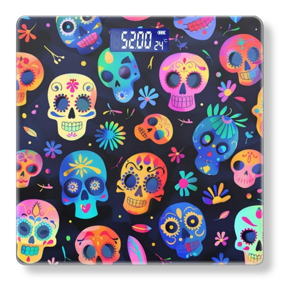 Bathroom Scale, Highly Accurate Digital Body Scale,Precisely Measures Weight up to 400 lbs-Colorful Cartoon-Style Skull Pattern On Dark Background
