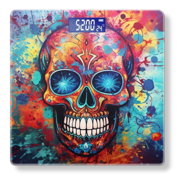 High Precision Body Weight Scale Smart Bathroom Scales with Large LCD Display(400lbs),Decorative for Bedroom-Colorful Fantasy Style Skull With Colorful Splashes