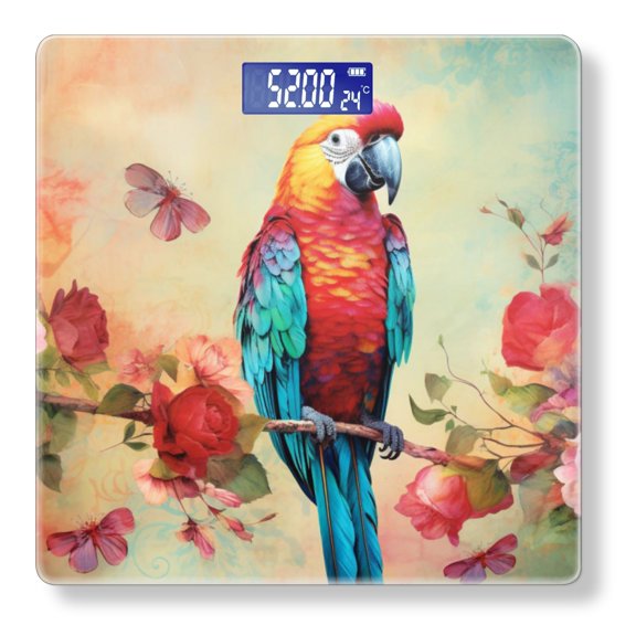 High Precision Body Weight Scale Smart Bathroom Scales with Large LCD Display(400lbs),Decorative for Bedroom-Colorful Parrot Sitting On Branch Surrounded By Roses