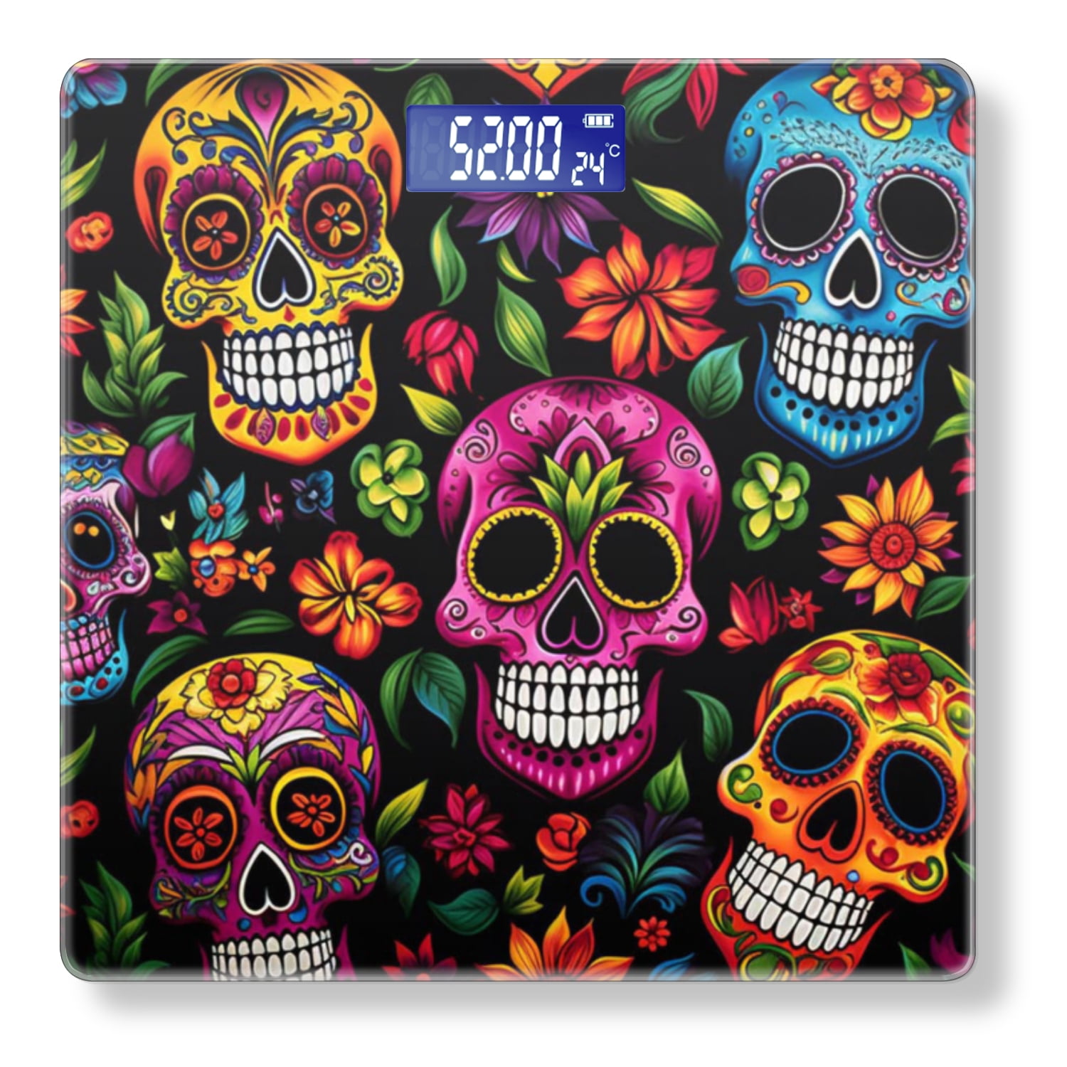 High Precision Body Weight Scale Smart Bathroom Scales with Large LCD Display(400lbs),Decorative for Bedroom-Colorful Skulls And Flowers Set Against A Black Background