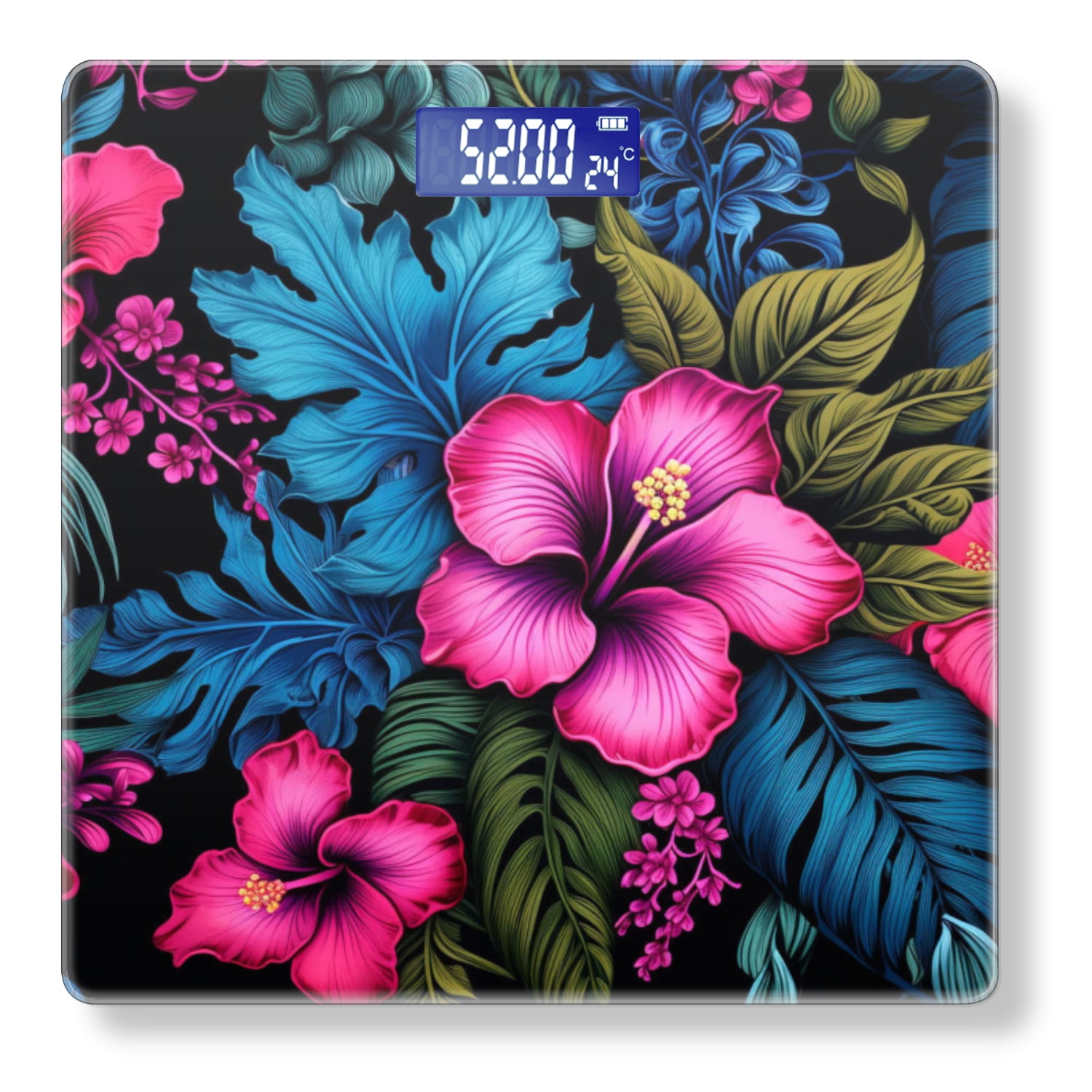 High Precision Body Weight Scale Smart Bathroom Scales with Large LCD Display(400lbs),Decorative for Bedroom-Colorful Tropical Flowers And Leaves On Black Background