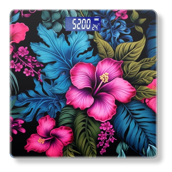 High Precision Body Weight Scale Smart Bathroom Scales with Large LCD Display(400lbs),Decorative for Bedroom-Colorful Tropical Flowers And Leaves On Black Background