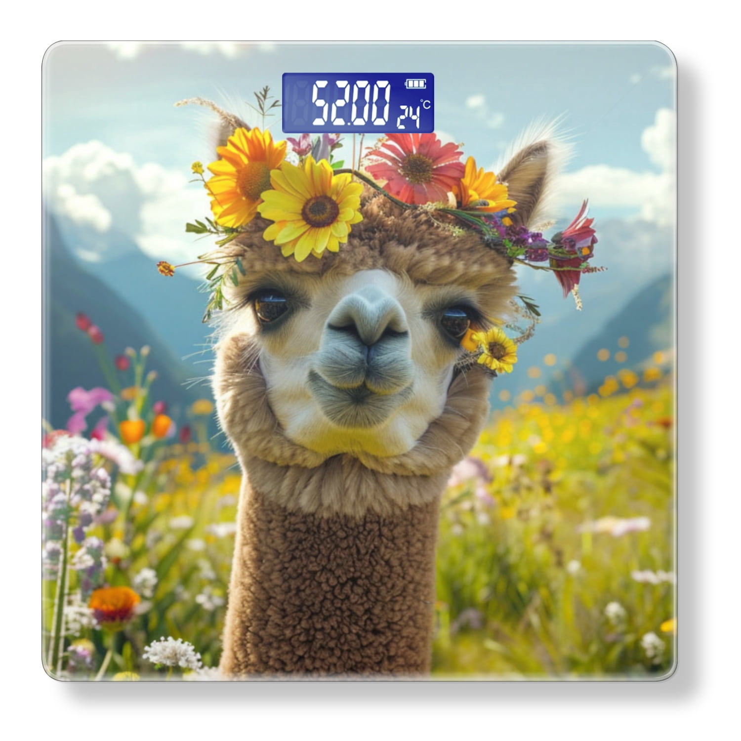 High Precision Body Weight Scale Smart Bathroom Scales with Large LCD Display(400lbs),Decorative for Bedroom-Cute Alpaca With Colorful Flowers On Head