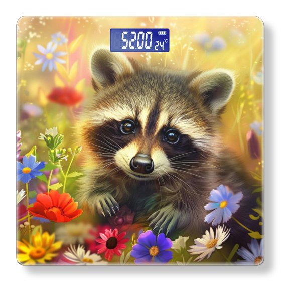 High Precision Body Weight Scale Smart Bathroom Scales with Large LCD Display(400lbs),Decorative for Bedroom-Cute Baby Raccoon Surrounded By Colorful Flowers