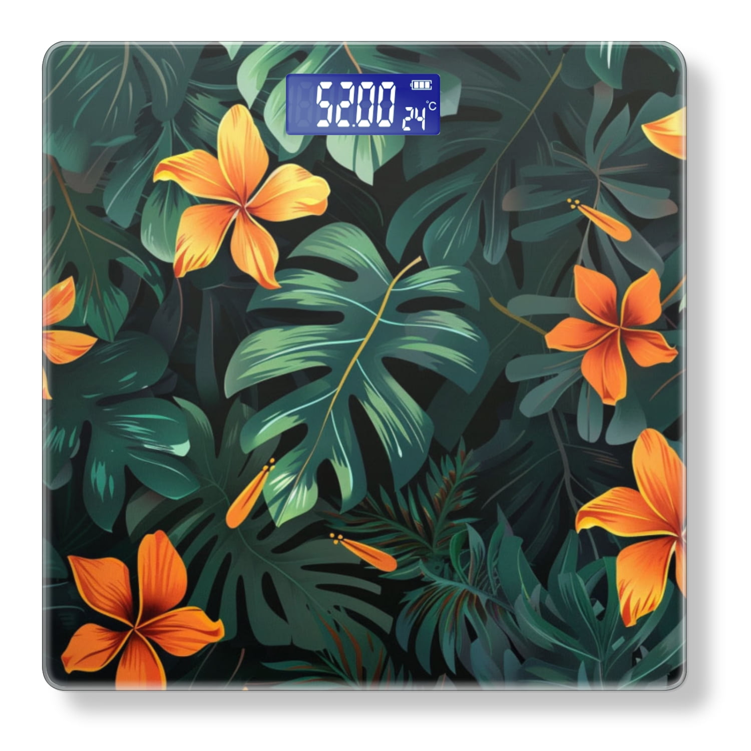 High Precision Body Weight Scale Smart Bathroom Scales with Large LCD Display(400lbs),Decorative for Bedroom-Dark Green Leaves And Vibrant Orange Flower