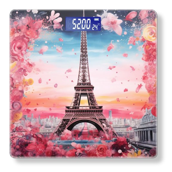 High Precision Body Weight Scale Smart Bathroom Scales with Large LCD Display(400lbs),Decorative for Bedroom-Eiffel Tower Surrounded By Pink And Red Flowers