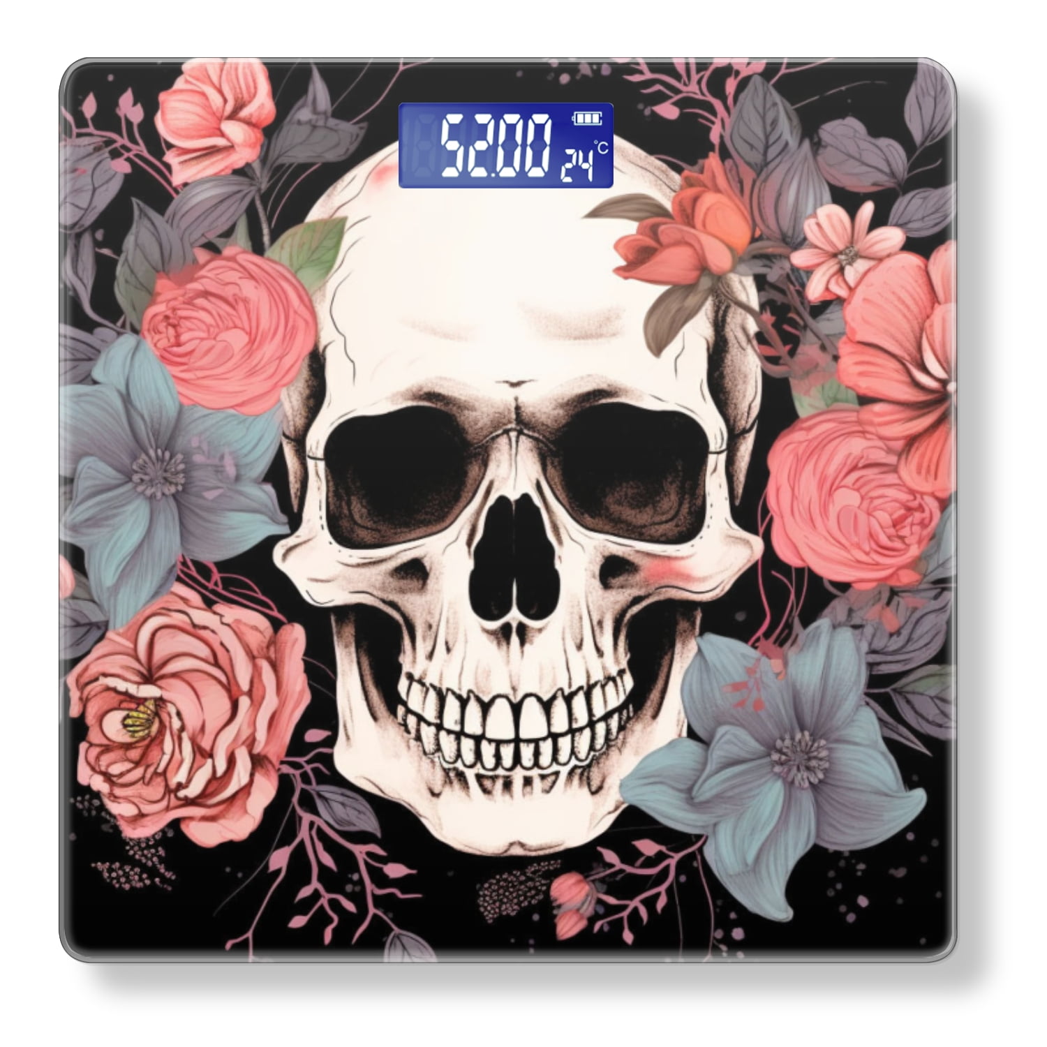 High Precision Body Weight Scale Smart Bathroom Scales with Large LCD Display(400lbs),Decorative for Bedroom-Elegant Skull With Delicate Pastel Flowers