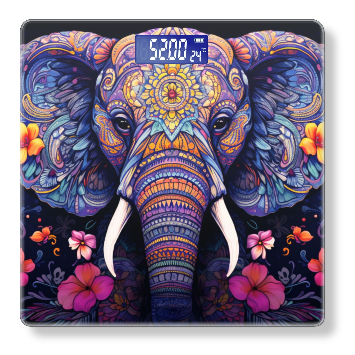 High Precision Body Weight Scale Smart Bathroom Scales with Large LCD Display(400lbs),Decorative for Bedroom-Elephant Head With Colorful Mandala Patterns With Flowers