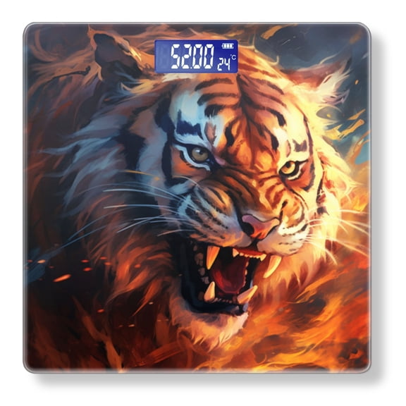 High Precision Body Weight Scale Smart Bathroom Scales with Large LCD Display(400lbs),Decorative for Bedroom-Fierce Tiger With Angry Expression And Roaring In Flames