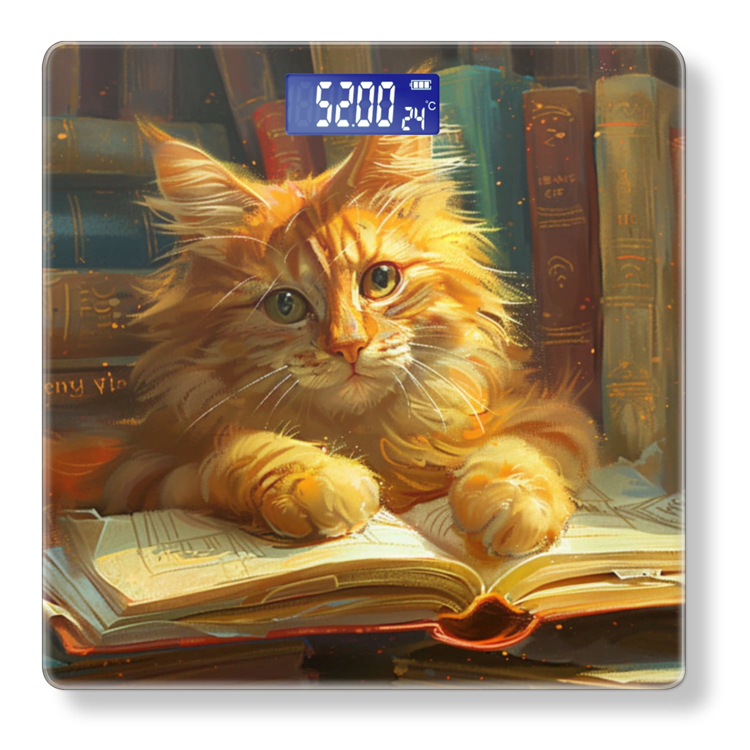 High Precision Body Weight Scale Smart Bathroom Scales with Large LCD Display(400lbs),Decorative for Bedroom-Ginger Cat With Golden Eyes Sits On Open Book