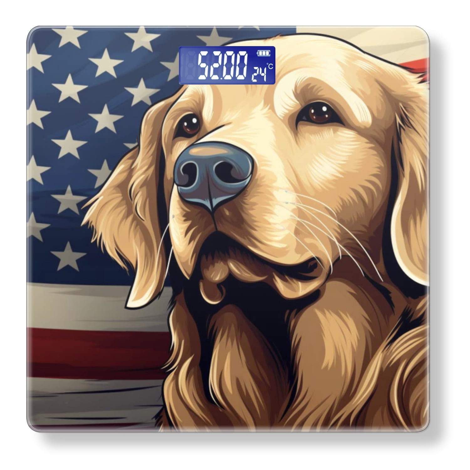 High Precision Body Weight Scale Smart Bathroom Scales with Large LCD Display(400lbs),Decorative for Bedroom-Golden Retriever In Front Of American Flag Background