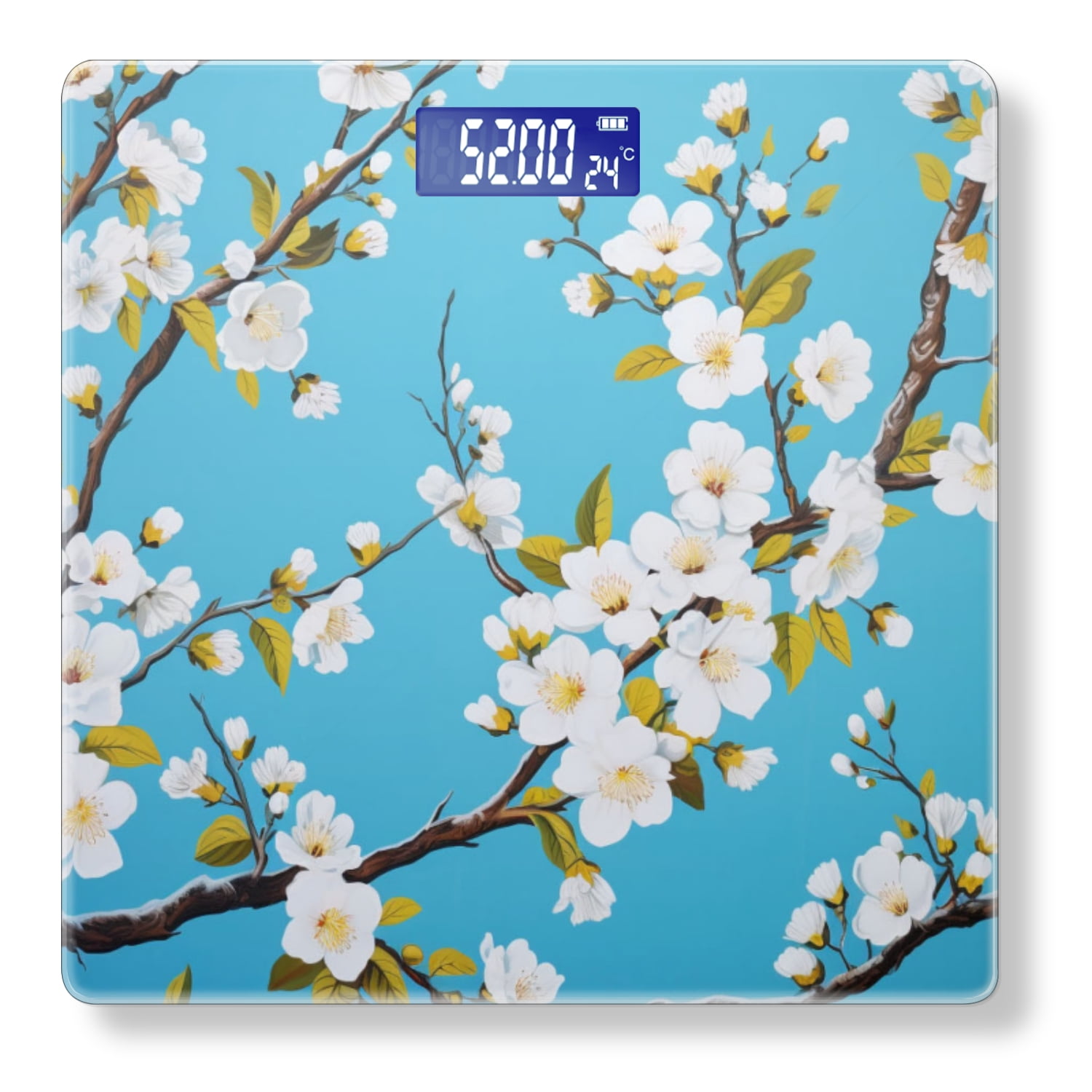 Bathroom Scale, Highly Accurate Digital Body Scale,Precisely Measures Weight up to 400 lbs-Hand-Painted White Flowers On Cherry Tree Branches
