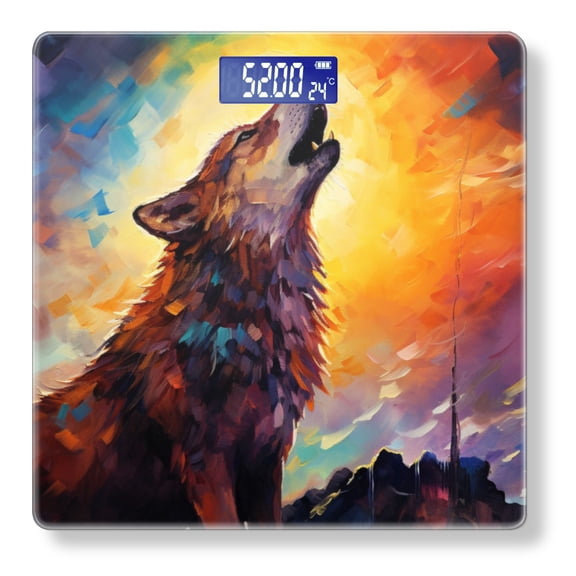 High Precision Body Weight Scale Smart Bathroom Scales with Large LCD Display(400lbs),Decorative for Bedroom-Howling Wolf With Glowing Sun In The Background