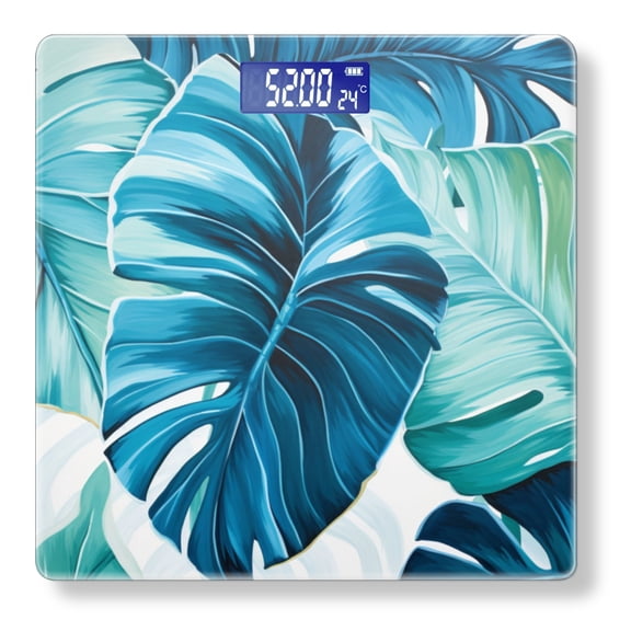 High Precision Body Weight Scale Smart Bathroom Scales with Large LCD Display(400lbs),Decorative for Bedroom-Large Monstera Leaves Turquoise And Blue Tones On The White Background