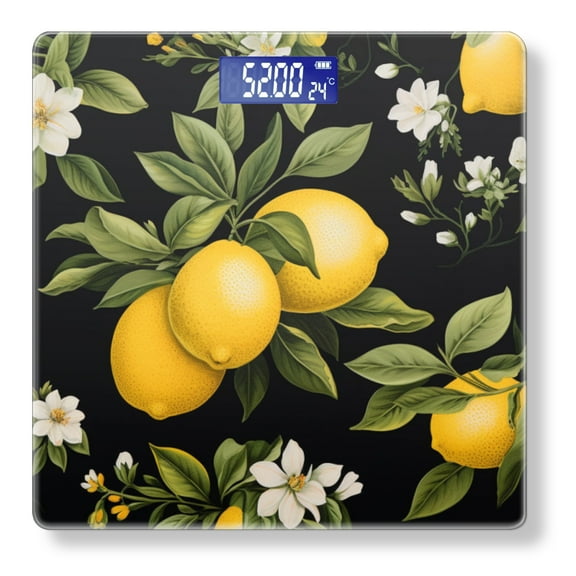 High Precision Body Weight Scale Smart Bathroom Scales with Large LCD Display(400lbs),Decorative for Bedroom-Lemon Blossoms And Lemons On Black Background