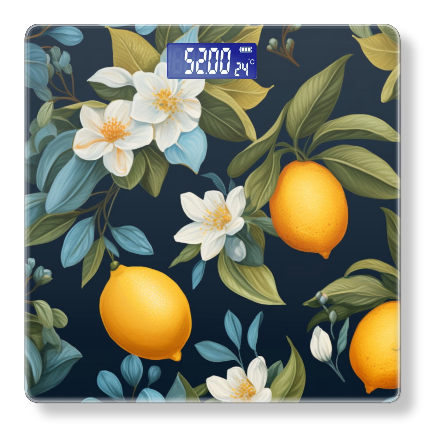 High Precision Body Weight Scale Smart Bathroom Scales with Large LCD Display(400lbs),Decorative for Bedroom-Lemon And Jasmine Flowers On Navy Blue Background