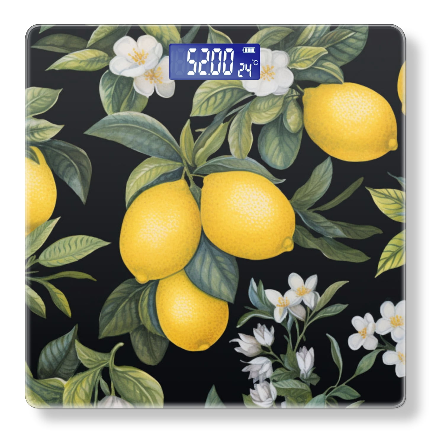 High Precision Body Weight Scale Smart Bathroom Scales with Large LCD Display(400lbs),Decorative for Bedroom-Lemon Tree With Lemons And White Flowers On A Black Background