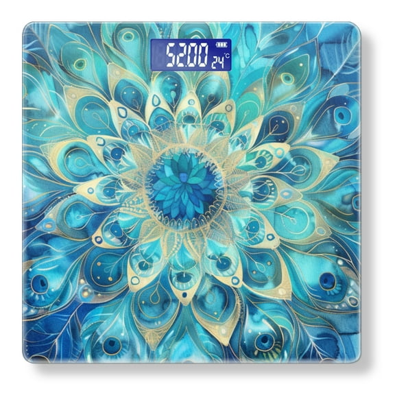 High Precision Body Weight Scale Smart Bathroom Scales with Large LCD Display(400lbs),Decorative for Bedroom-Mandala Of Peacock Feathers In Shades Of Blue And Gold