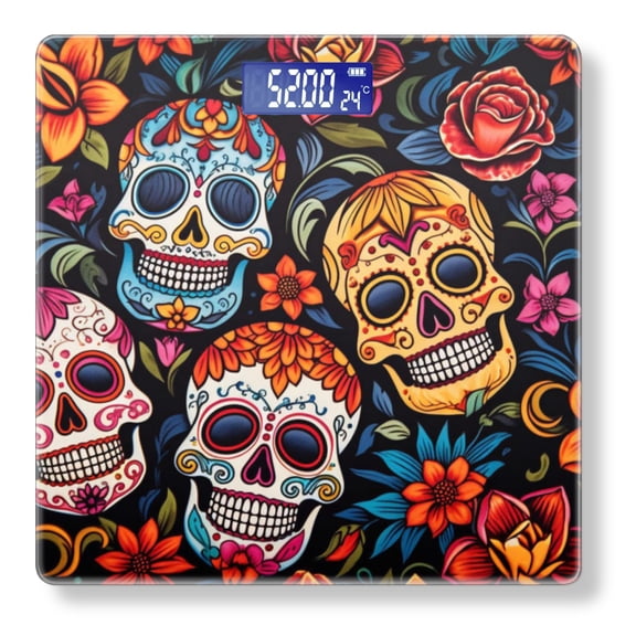 High Precision Body Weight Scale Smart Bathroom Scales with Large LCD Display(400lbs),Decorative for Bedroom-Mexican Skulls With Floral Designs On Black Background